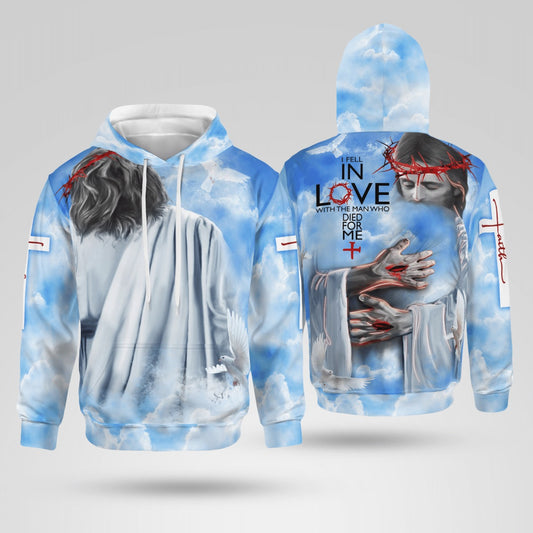 IN THE ARMS OF LORD, I FELL IN LOVE WITH THE MAN WHO DIED FOR ME, PULLOVER HOODIE, ZIP HOODIE – BLUE SKY COLOR