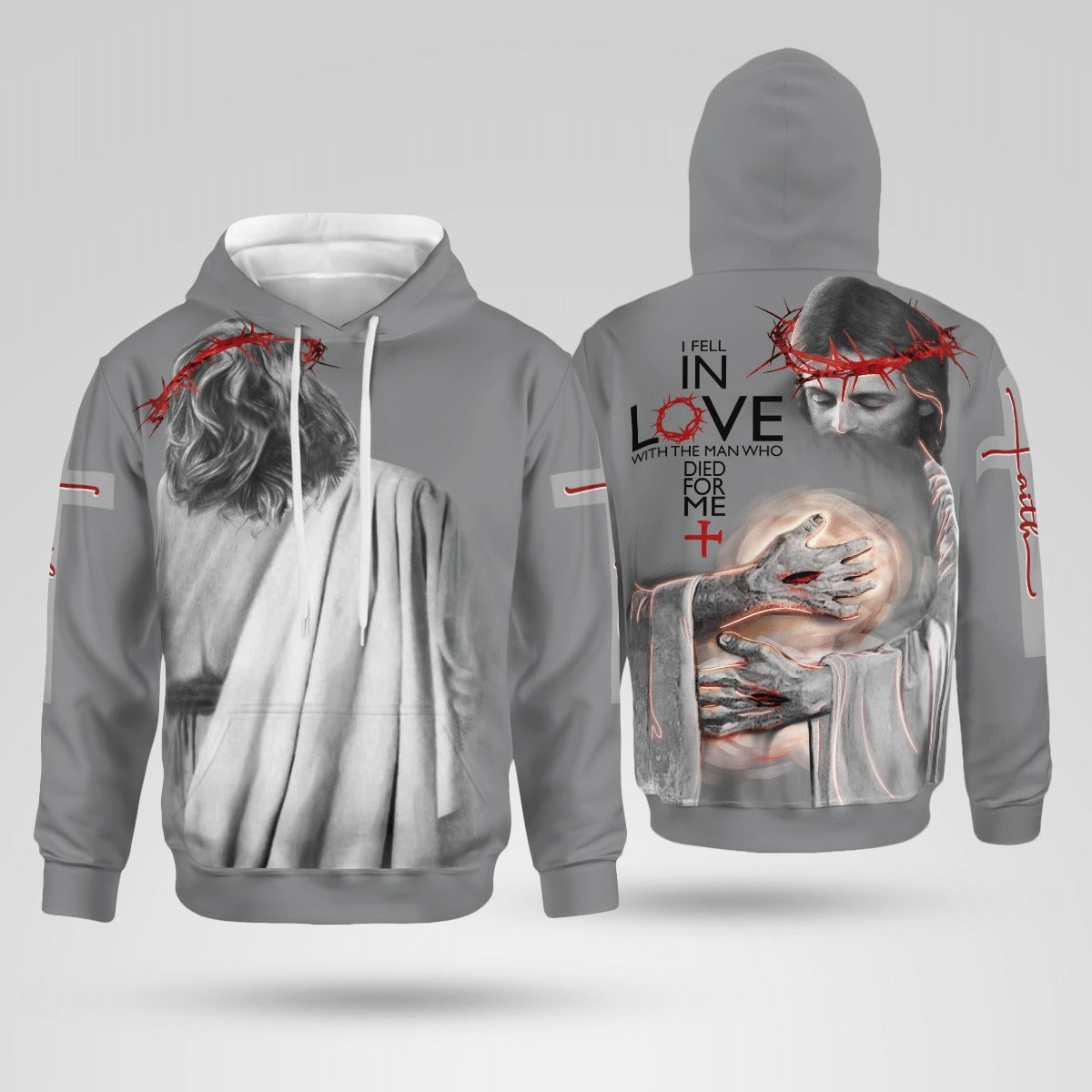 IN THE ARMS OF LORD, I FELL IN LOVE WITH THE MAN WHO DIED FOR ME, PULLOVER HOODIE, ZIP HOODIE – GRAY COLOR