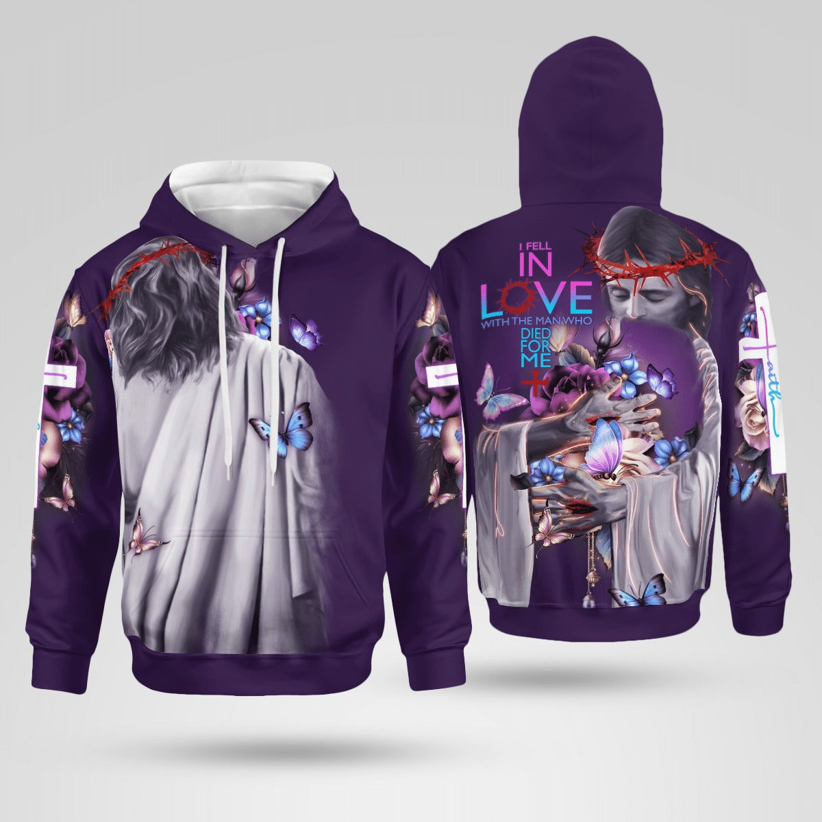 IN THE ARMS OF LORD, I FELL IN LOVE WITH THE MAN WHO DIED FOR ME, PULLOVER HOODIE, ZIP HOODIE – PURPLE FLORAL COLOR