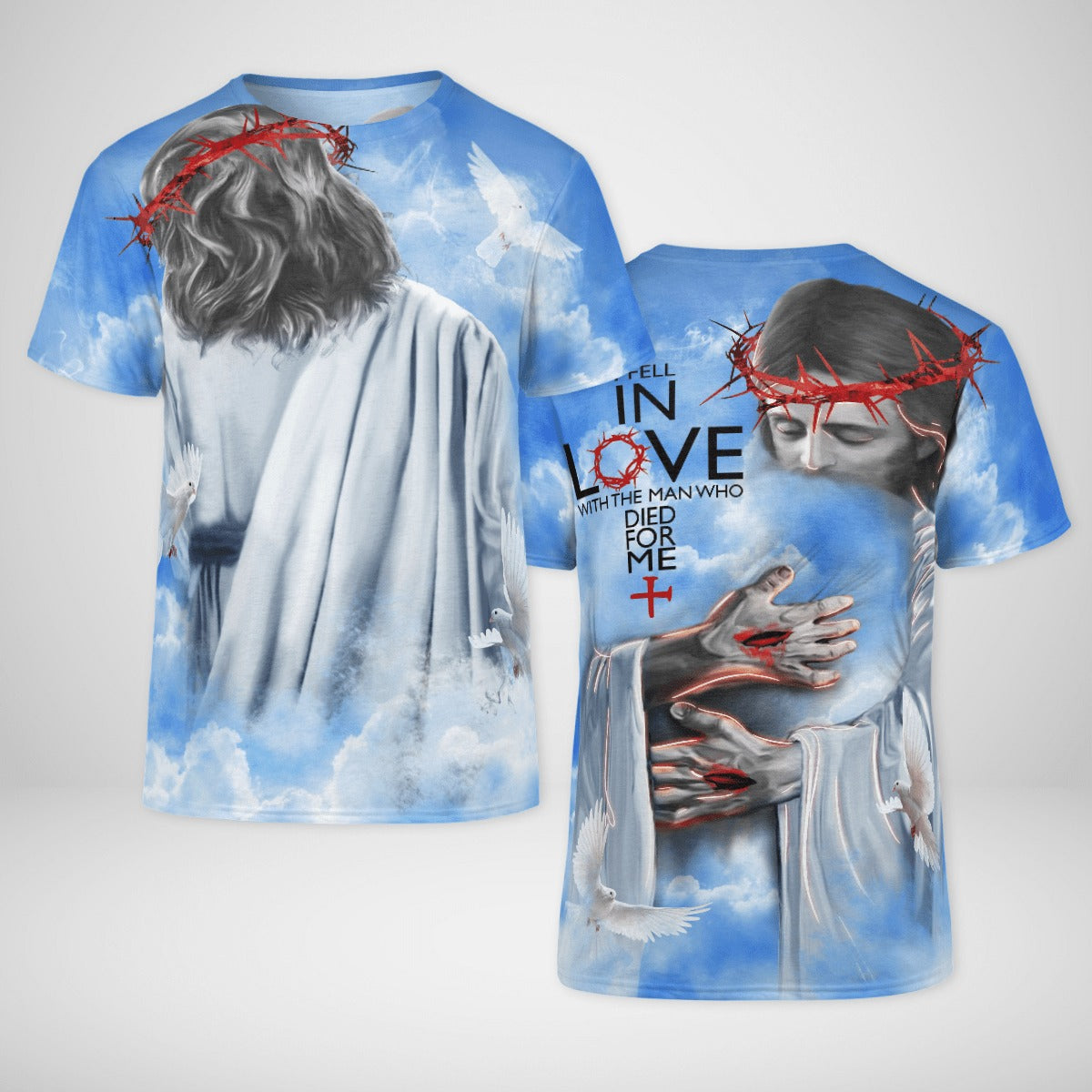 IN THE ARMS OF LORD, I FELL IN LOVE WITH THE MAN WHO DIED FOR ME, ALL OVER SHIRT – BLUE SKY COLOR