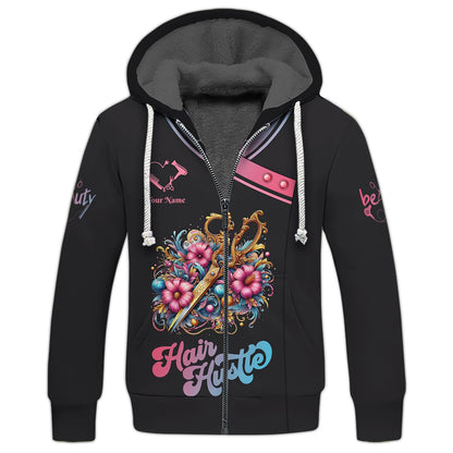 Zipper Hoodie Colorful Hairdresser Tools With Flowers 3D Shirts Hair Stylist Custom T-Shirts