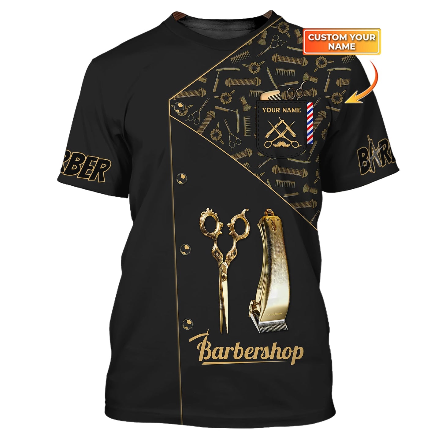 Zipper Hoodie Golden Barber Tool Symbol 3D Shirt Barbershop Custom T-Shirts