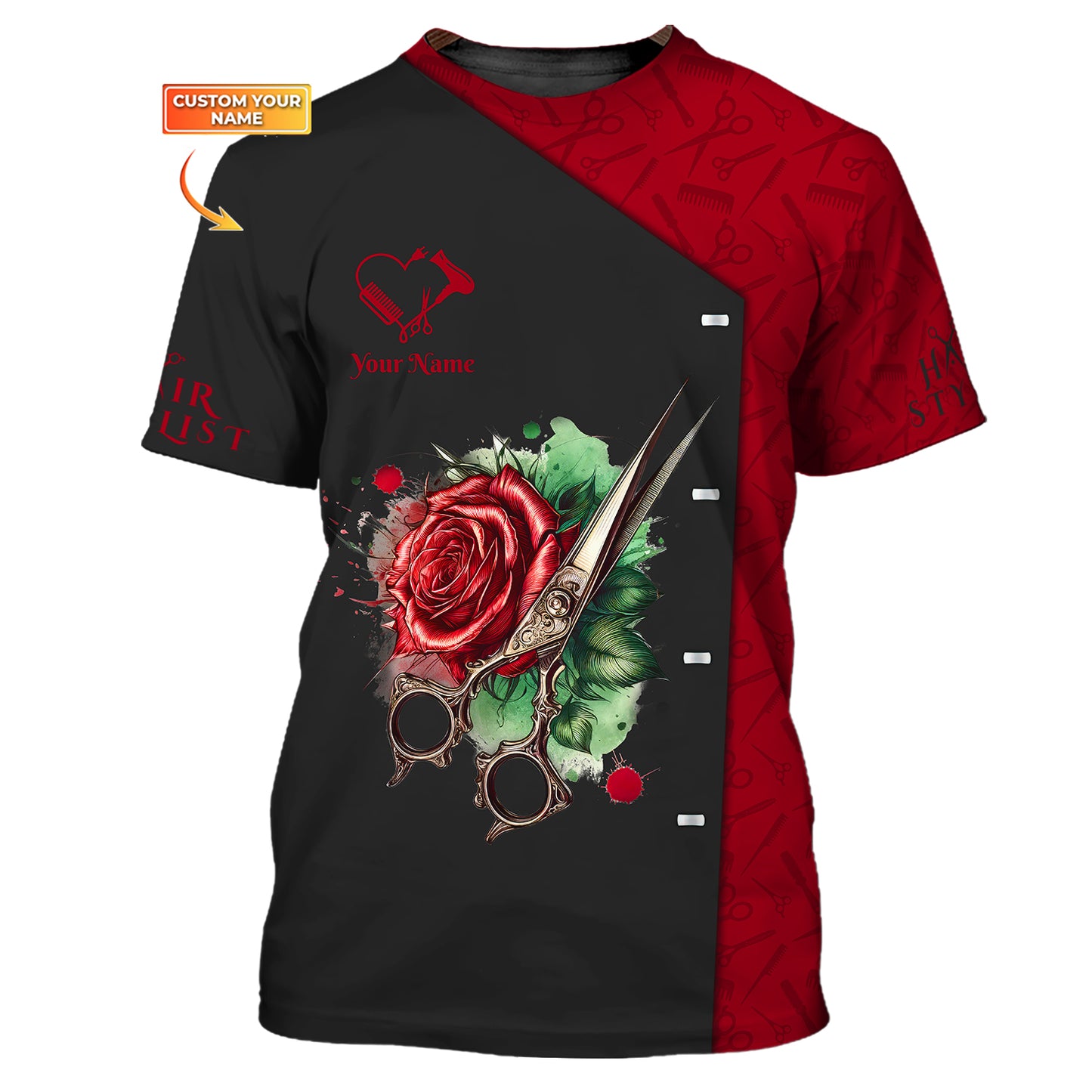 Scissors And Rose Tattoo 3D Shirts Hair Stylist Custom T-Shirts