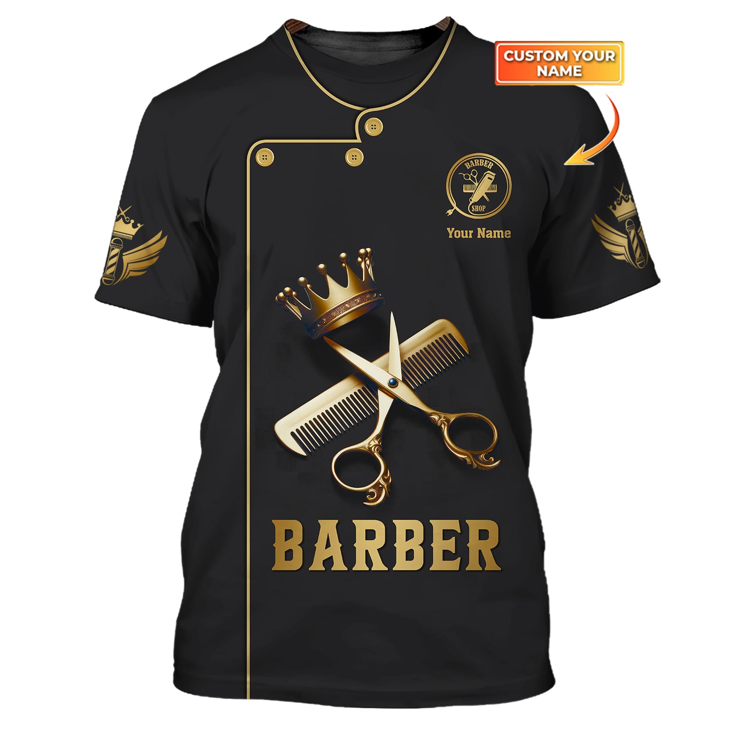 Golden Scissors And Comb With Crown 3D Shirt Barber Custom T-Shirts