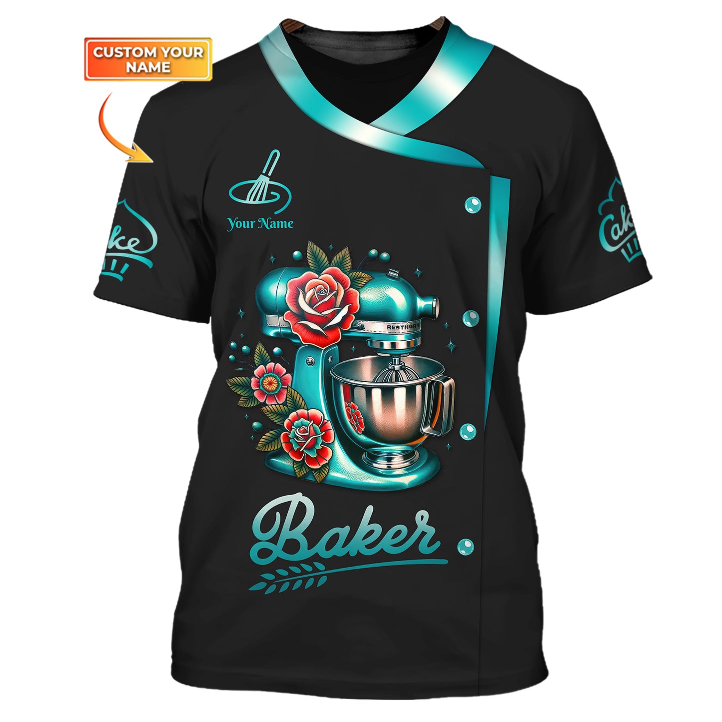 Cake Dough Kneading Machine With Roses 3D Shirt Baker Custom T-Shirts, Gif For Bakery