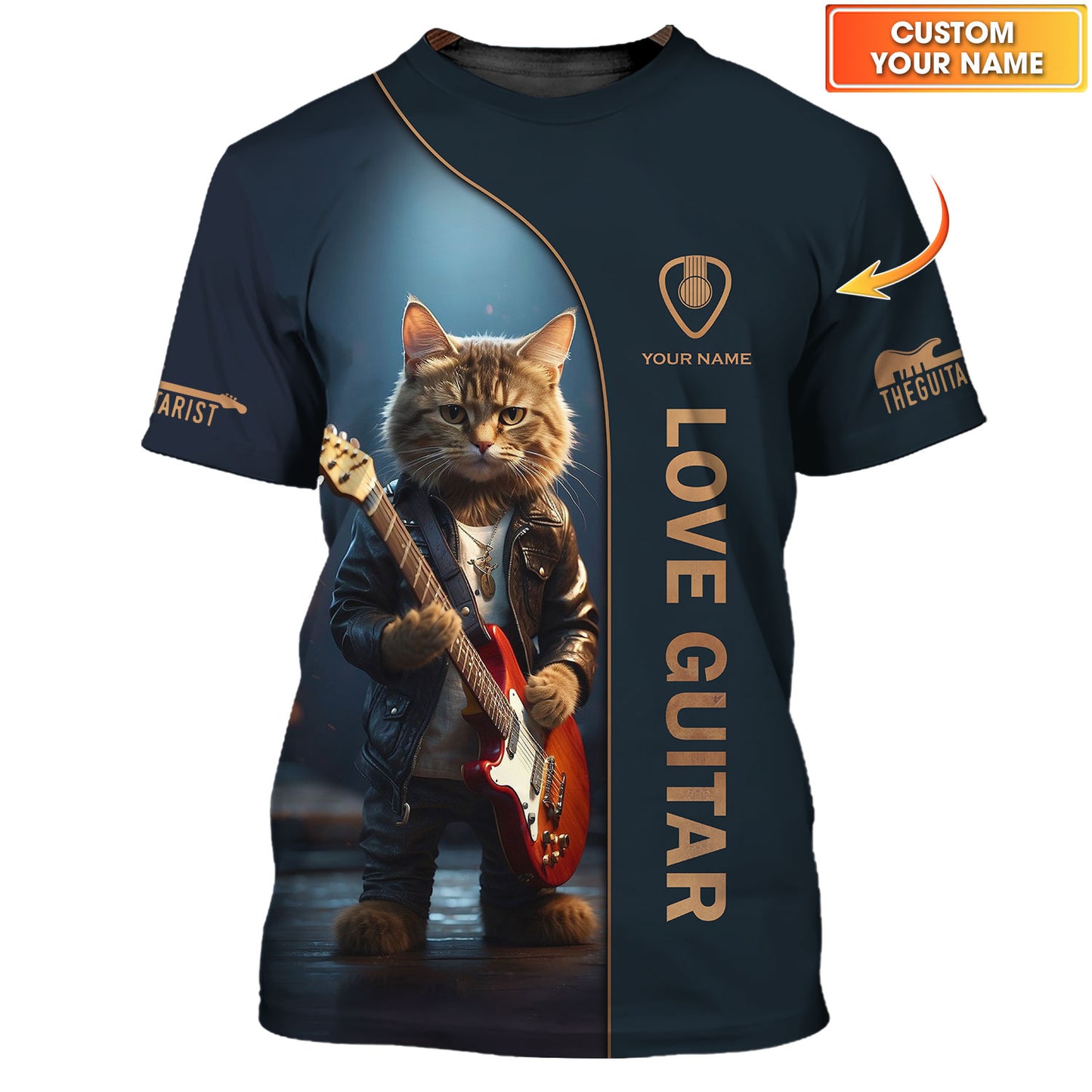 Guitar Electric Cat Custom T-Shirts Cat In A Leather Jacket Playing A Guitar 3D Shirt