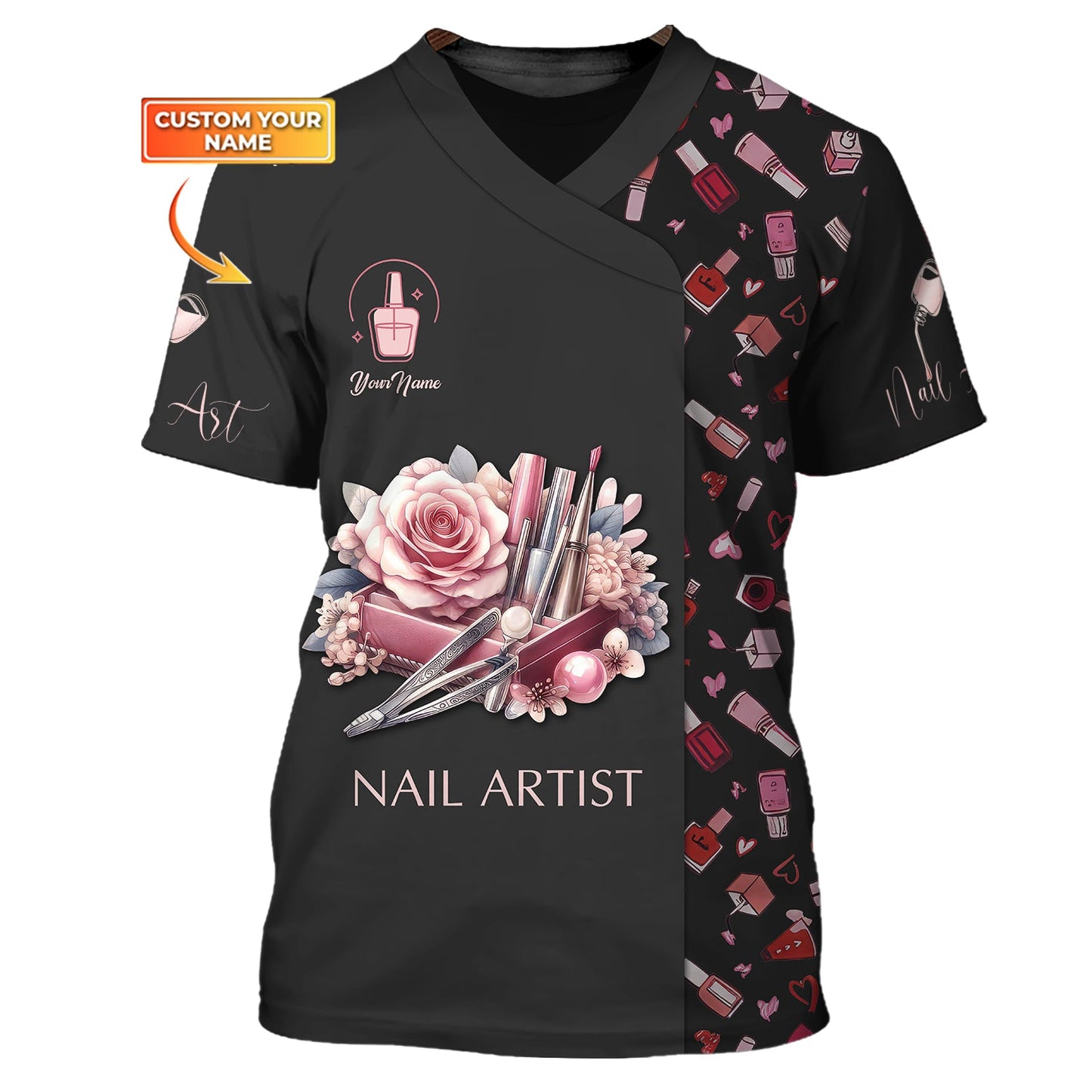 Zipper Hoodie Nail Polish With Rose Watercolor 3D Shirts Nail Artist Custom T-Shirts