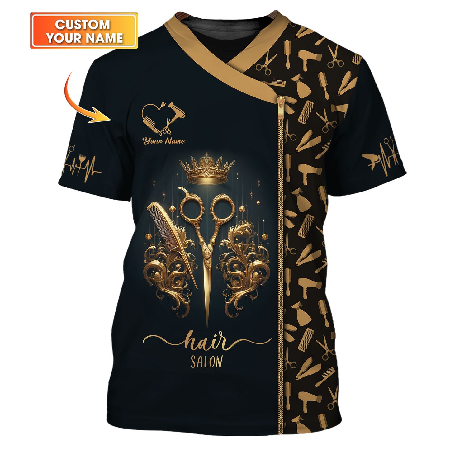 Hairdresser Custom T-Shirts Hair Salon Golden Symbol 3D Shirt