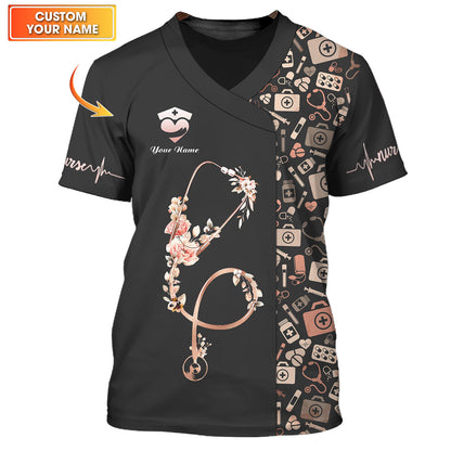 Stethoscope With Flowers 3D Shirt Nurse Custom T-Shirts