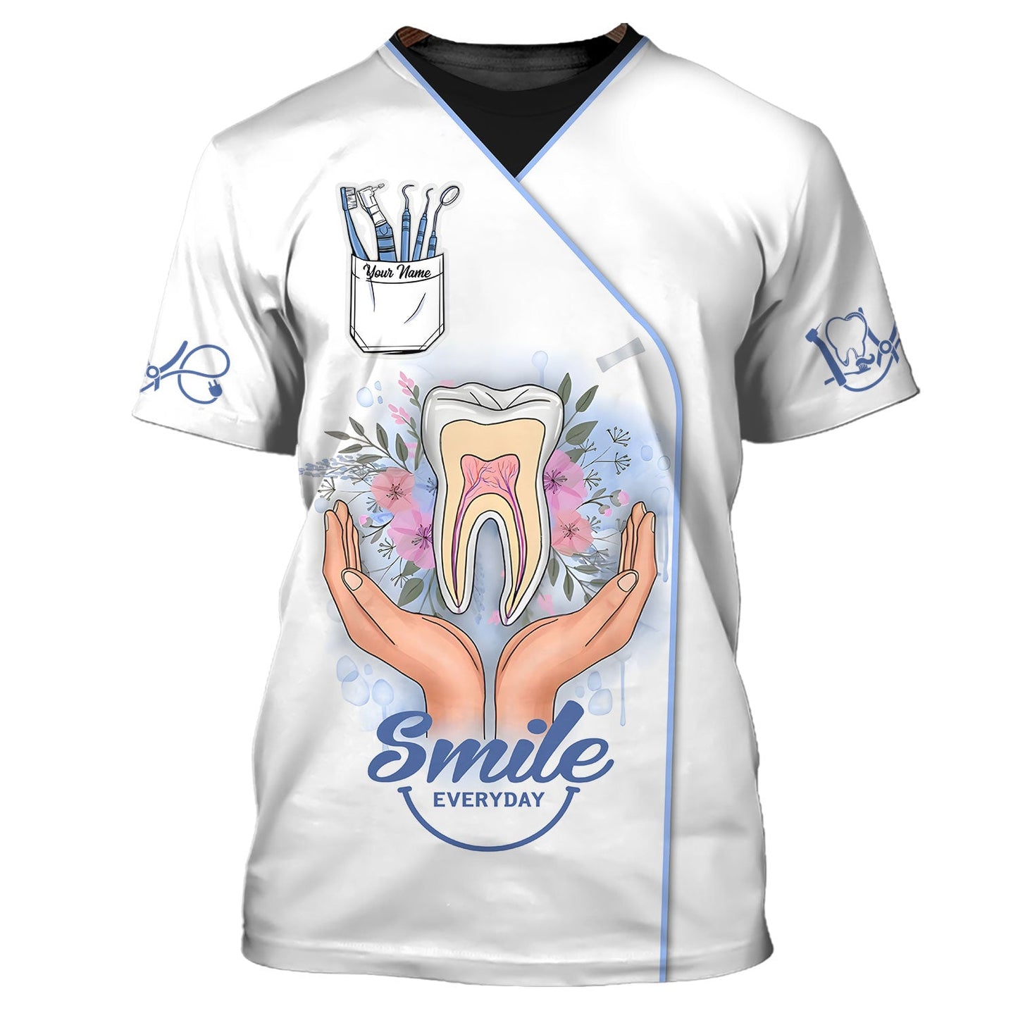 Zipper Hoodie Teeth On Hand With Flowers 3D Shirts Dental Custom T-Shirts Gif For Dentist