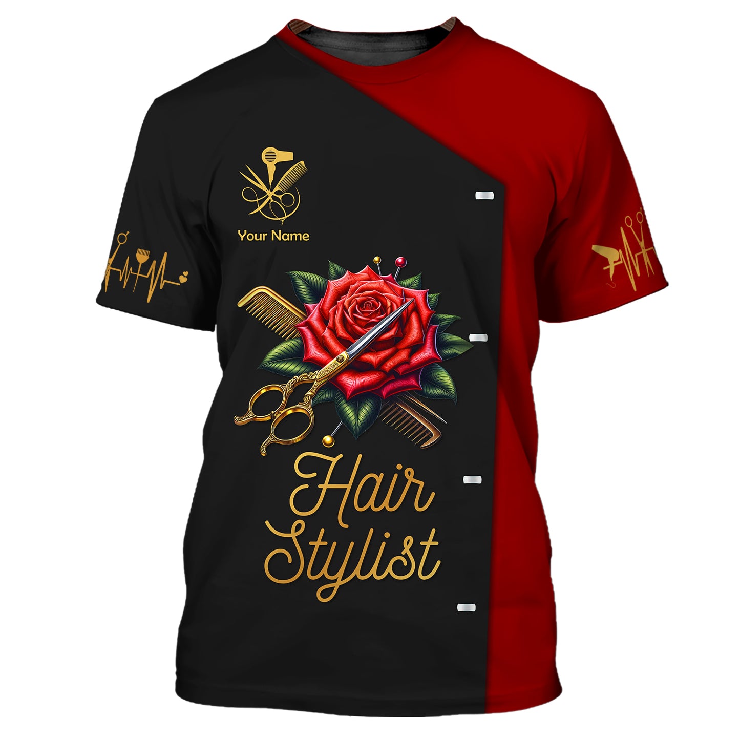 Hairstylist Custom T-Shirts Scissors And Comb Tattoo With Roses 3D Shirt