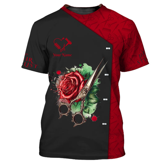 Scissors And Rose Tattoo 3D Shirts Hair Stylist Custom T-Shirts