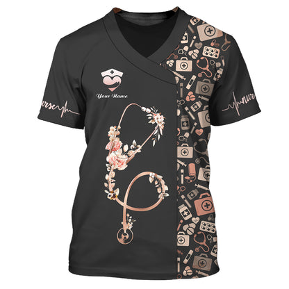 Stethoscope With Flowers 3D Shirt Nurse Custom T-Shirts