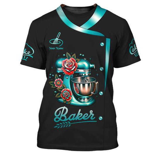 Cake Dough Kneading Machine With Roses 3D Shirt Baker Custom T-Shirts, Gif For Bakery