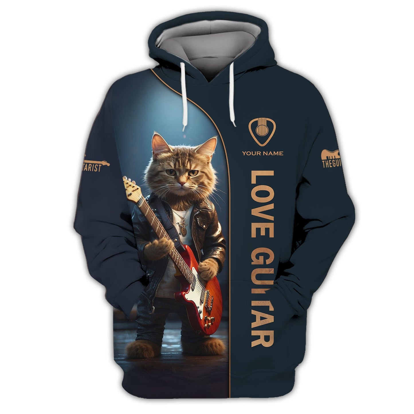 Zipper Hoodie Guitar Electric Cat Custom T-Shirts Cat In A Leather Jacket Playing A Guitar 3D Shirt