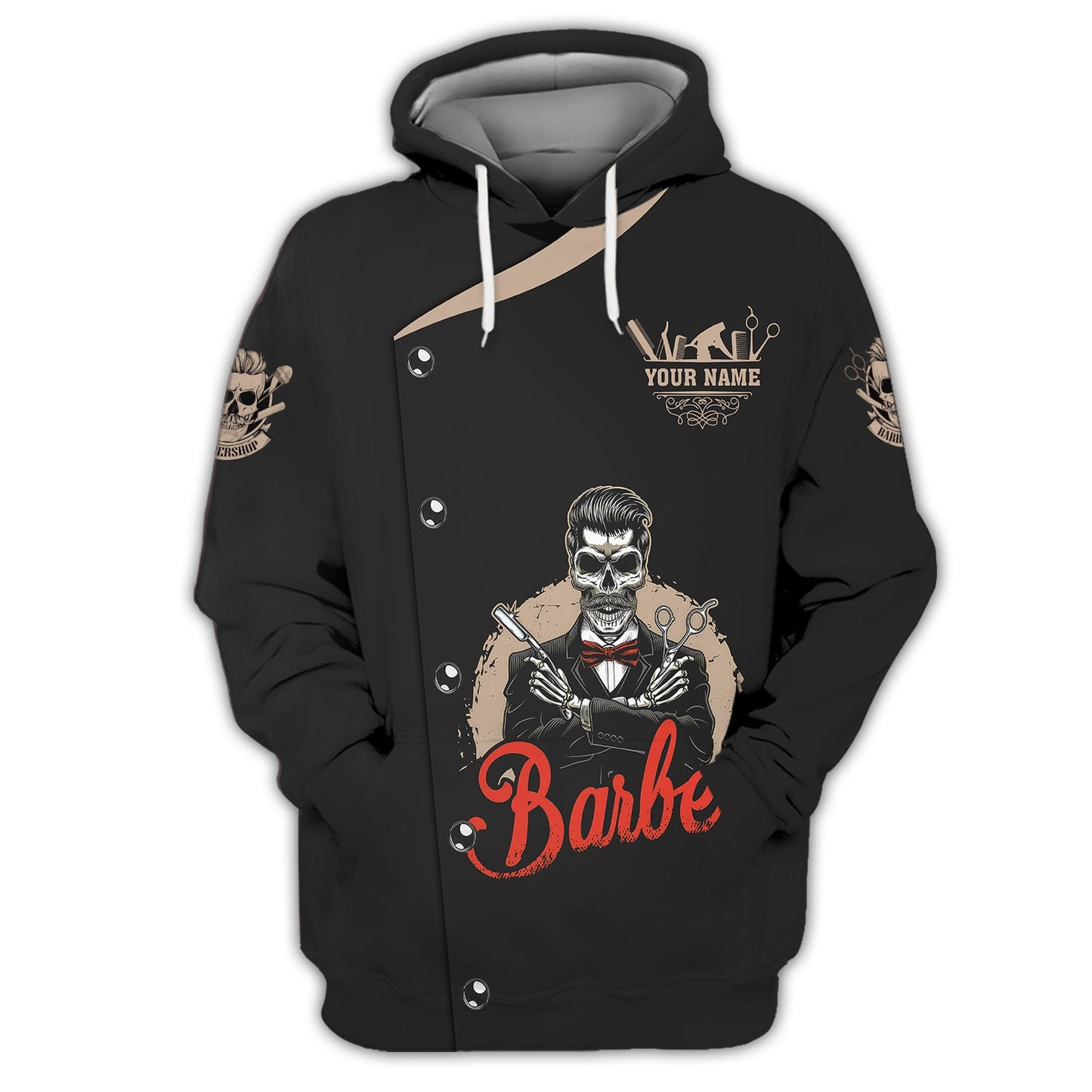 Zipper Hoodie Vintage Bearded Barber Skull 3D Shirt Barbershop Custom T-Shirts