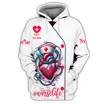 Nurse Life Custom T-Shirts Heart And Stethoscope 3D Shirt