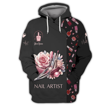 Zipper Hoodie Nail Polish With Rose Watercolor 3D Shirts Nail Artist Custom T-Shirts