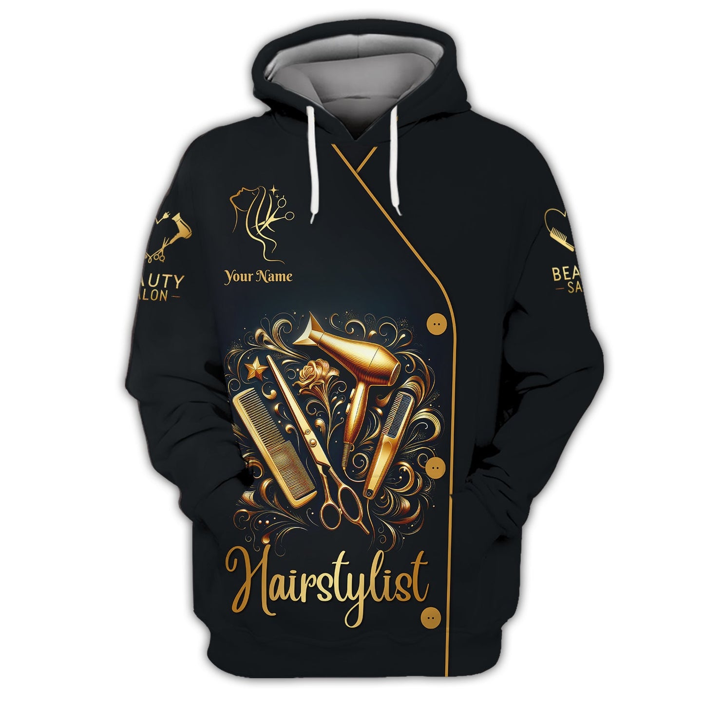 Zipper Hoodie Vintage Golden Hairdressing Tools 3D Shirt Hair Stylist Custom T-Shirts