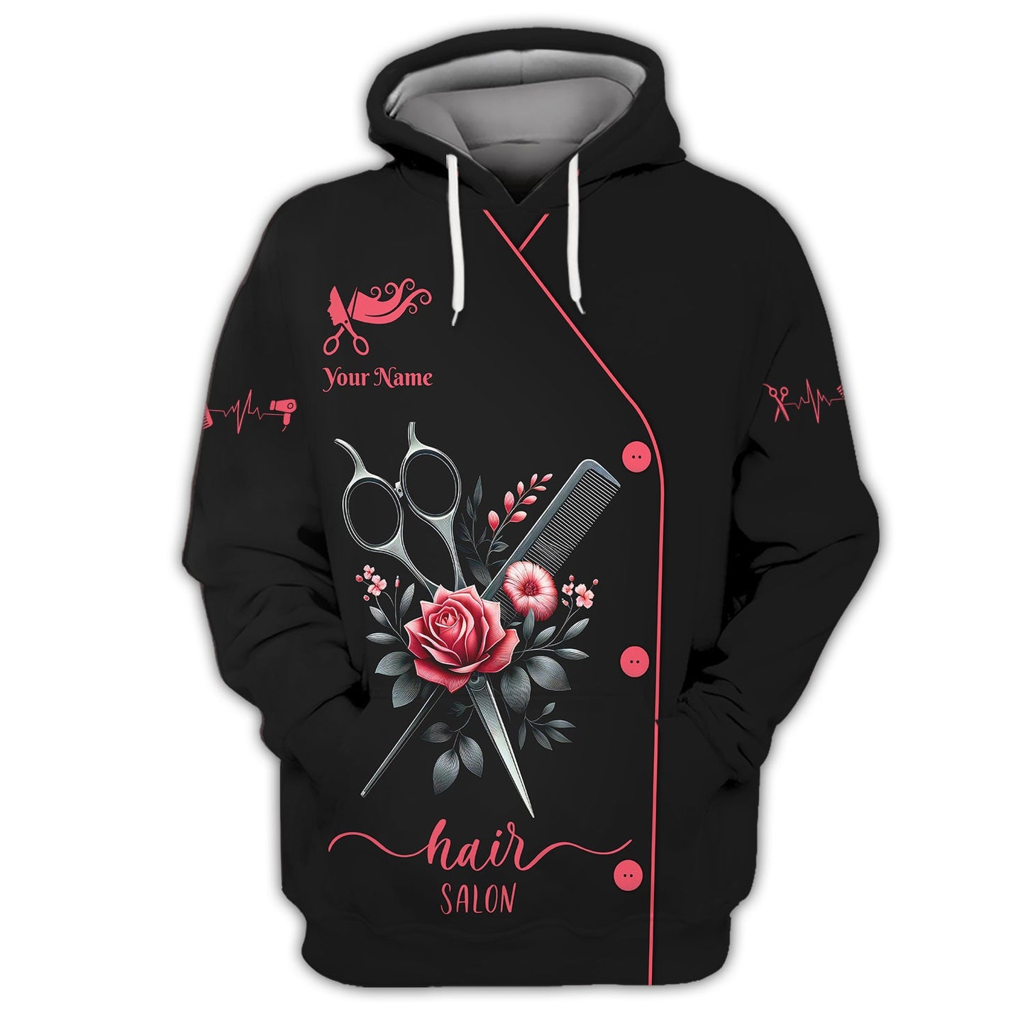 Zipper Hoodie Hairdresser Scissors And Comb With Rose 3D Shirt Hairstylist Custom T-Shirts