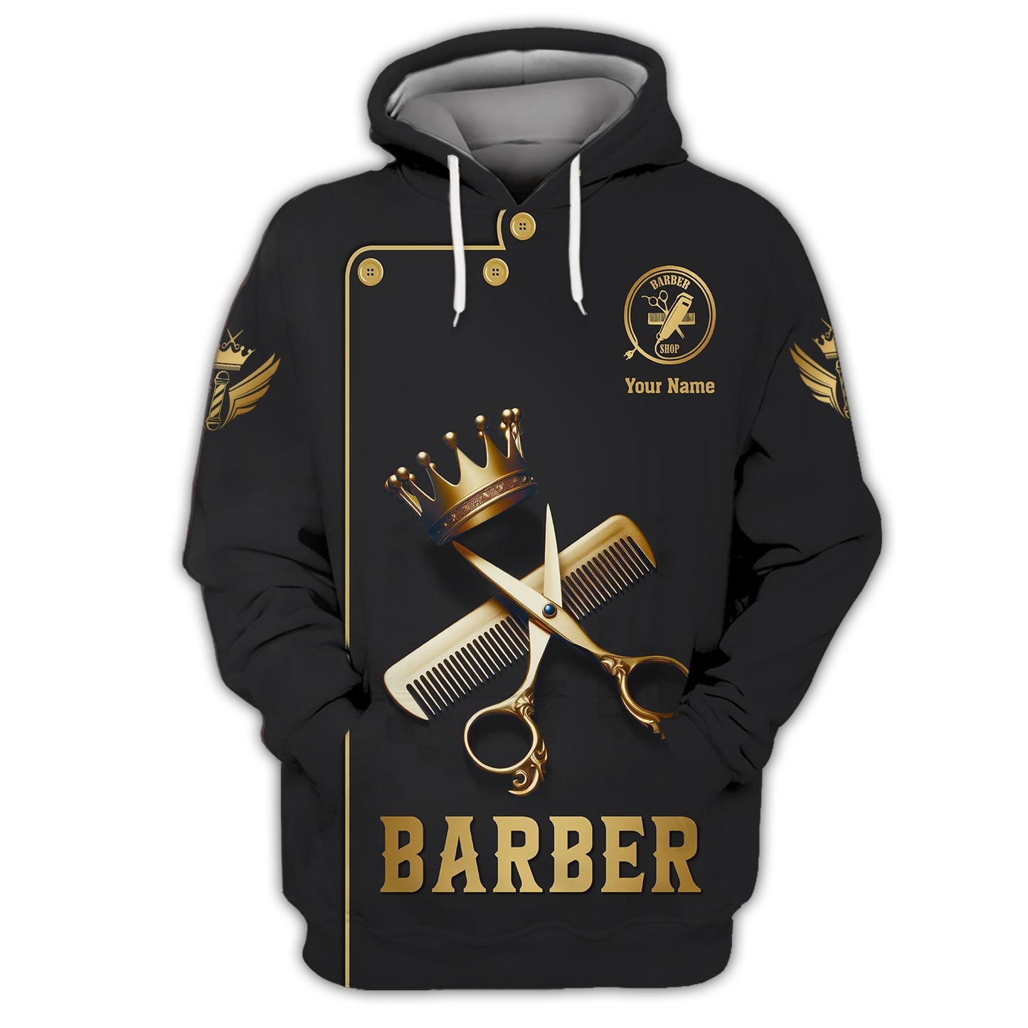 Zipper Hoodie Golden Scissors And Comb With Crown 3D Shirt Barber Custom T-Shirts