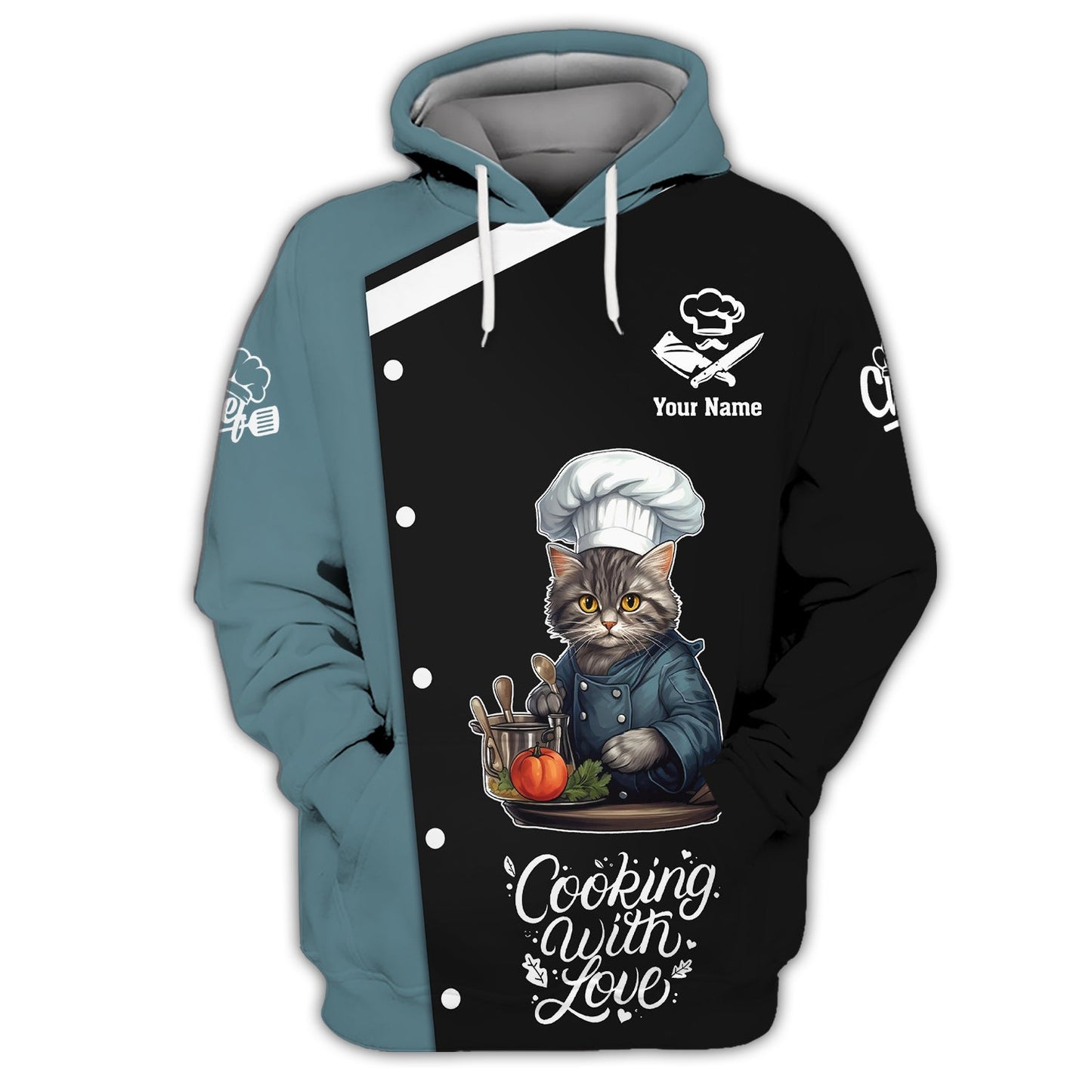 Zipper Hoodie Cat Wearing Chef Hat Cooking 3D Shirts Gif For Chef, Kitchen Custom T-Shirts