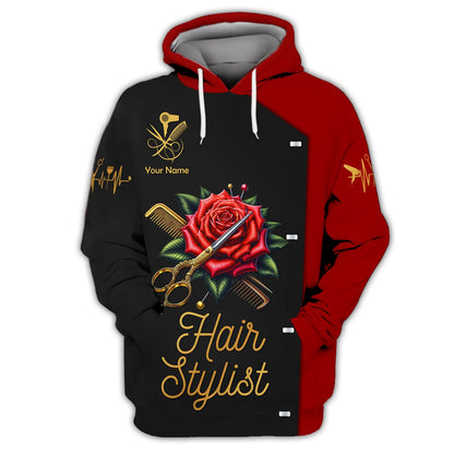 Zipper Hoodie Hairstylist Custom T-Shirts Scissors And Comb Tattoo With Roses 3D Shirt