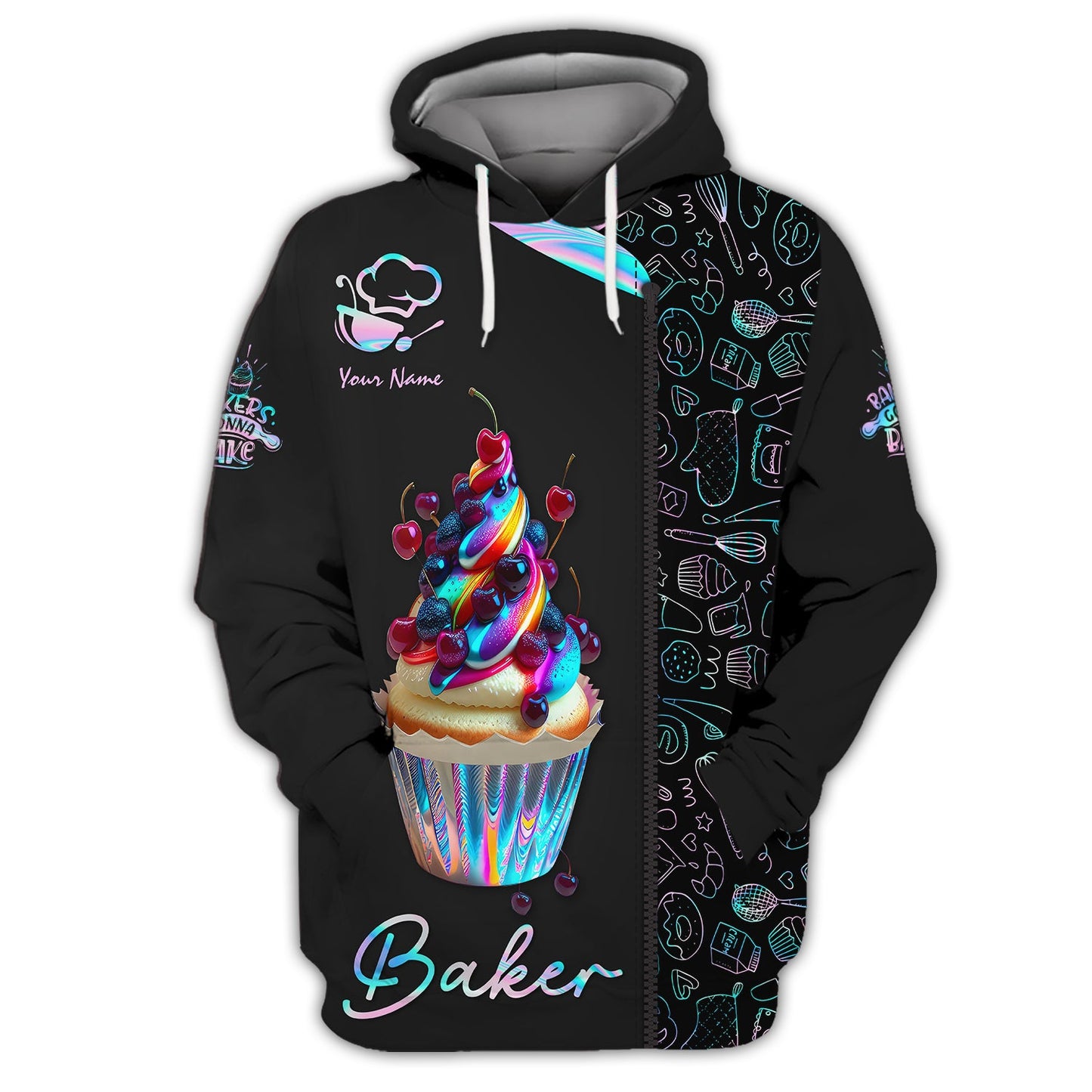 Zipper Hoodie Cupcake Colorfull 3D Shirt Bakery Custom T-Shirts Gif For Baker