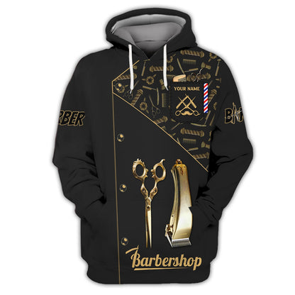 Zipper Hoodie Golden Barber Tool Symbol 3D Shirt Barbershop Custom T-Shirts