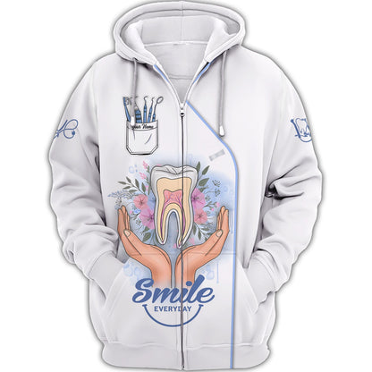 Zipper Hoodie Teeth On Hand With Flowers 3D Shirts Dental Custom T-Shirts Gif For Dentist