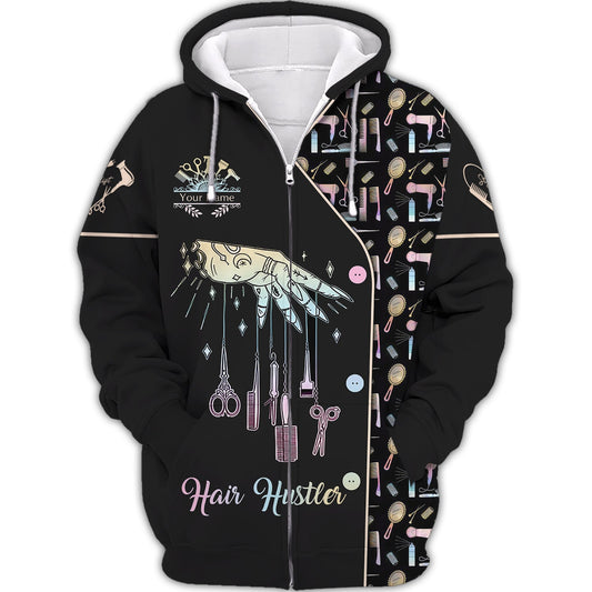 Zipper Hoodie Hair Hustler Custom T-Shirts Hairdresser Tools Wind Chimes 3D Shirt