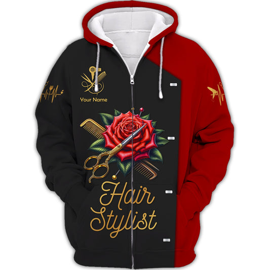 Zipper Hoodie Hairstylist Custom T-Shirts Scissors And Comb Tattoo With Roses 3D Shirt