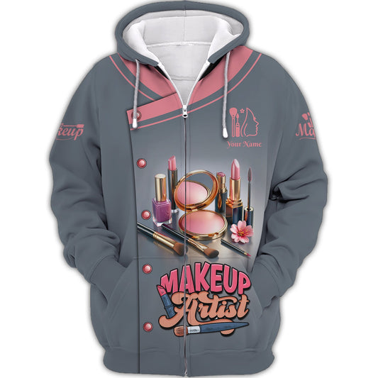 Zipper Hoodie Glamorous Makeup Essentials Lipstick Eyeshadow 3D Shirt Makeup Artist Custom T-Shirts