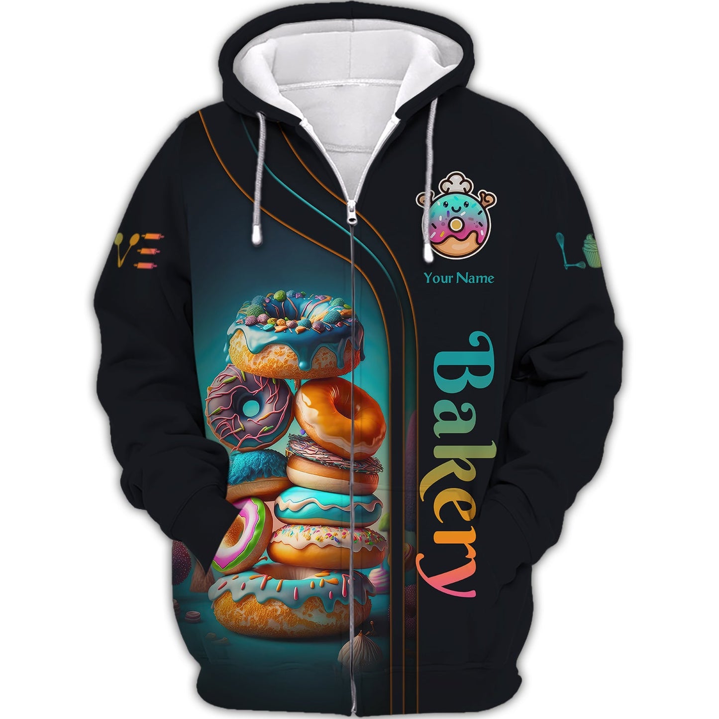 Zipper Hoodie Bakery Custom T-Shirts, Gif For Baker, Donut Colorfull 3D Shirt (Sao chép)