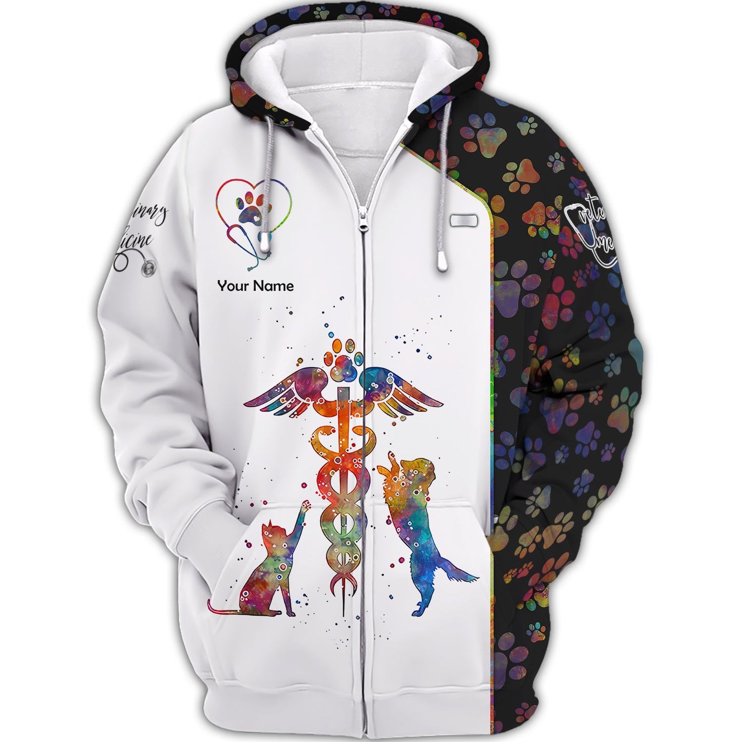 Zipper Hoodie Veterinary Caduceus Art Watercolor 3D Shirts Vet Custom T-Shirts