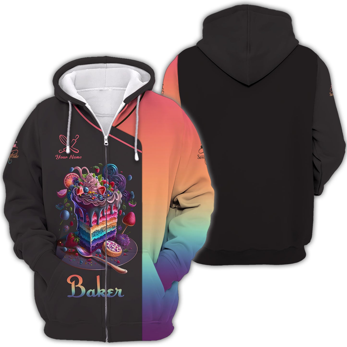 Zipper Hoodie Sweet Cake Colorful Custom T-Shirts Bakery 3D Shirt Gif For Baker