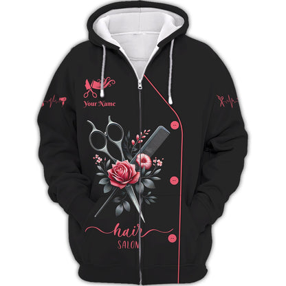 Zipper Hoodie Hairdresser Scissors And Comb With Rose 3D Shirt Hairstylist Custom T-Shirts