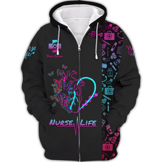 Zipper Hoodie Neon Nurse Heart 3D Shirt Nurse Life Custom T-Shirts