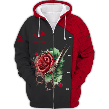 Zipper Hoodie Scissors And Rose Tattoo 3D Shirts Hair Stylist Custom T-Shirts