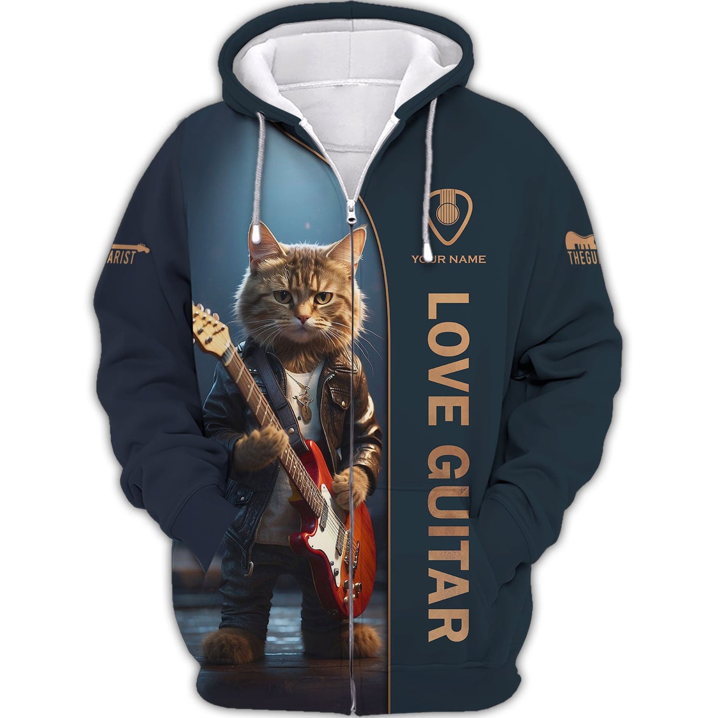 Zipper Hoodie Guitar Electric Cat Custom T-Shirts Cat In A Leather Jacket Playing A Guitar 3D Shirt