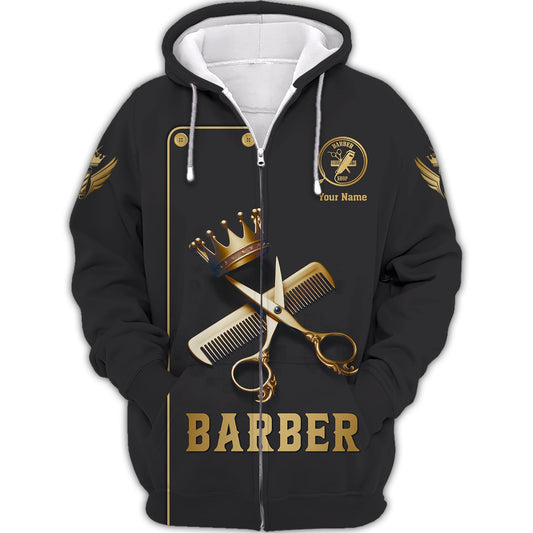 Zipper Hoodie Golden Scissors And Comb With Crown 3D Shirt Barber Custom T-Shirts