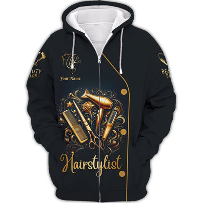 Zipper Hoodie Vintage Golden Hairdressing Tools 3D Shirt Hair Stylist Custom T-Shirts