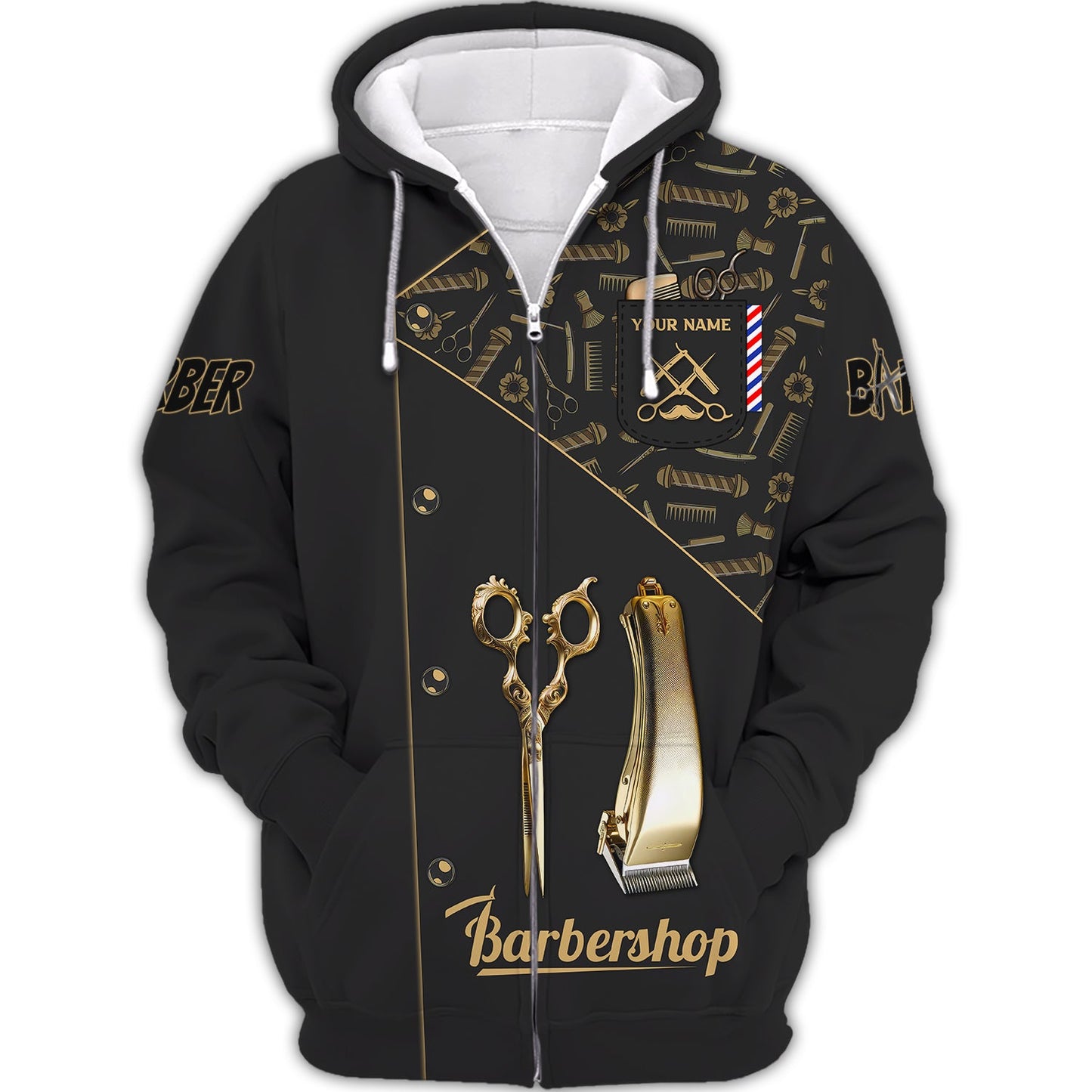 Zipper Hoodie Golden Barber Tool Symbol 3D Shirt Barbershop Custom T-Shirts