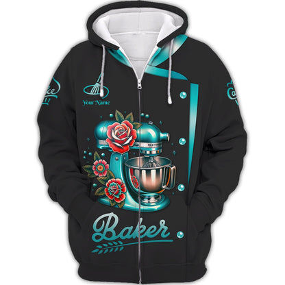 Zipper Hoodie Cake Dough Kneading Machine With Roses 3D Shirt Baker Custom T-Shirts, Gif For Bakery