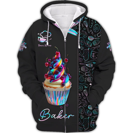 Zipper Hoodie Cupcake Colorfull 3D Shirt Bakery Custom T-Shirts Gif For Baker