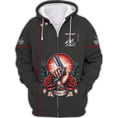 Zipper Hoodie Tattoo Shave With Rose 3D Shirt Barber Custom T-Shirts