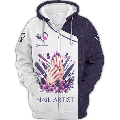 Zipper Hoodie Nails Manicure Salon Custom T-Shirts Naild Artist 3D Shirts