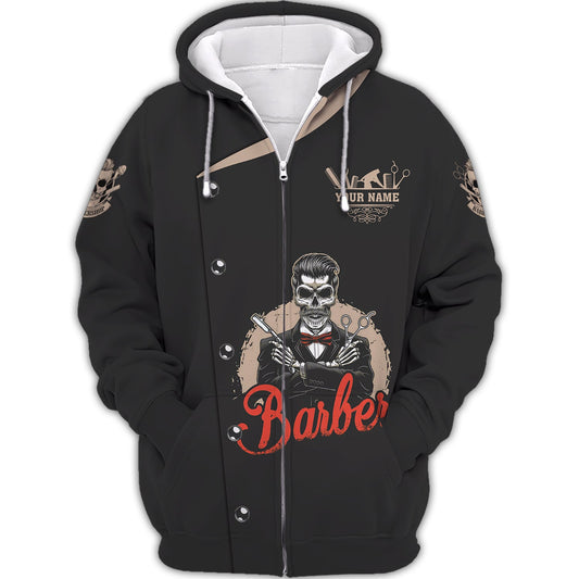 Zipper Hoodie Vintage Bearded Barber Skull 3D Shirt Barbershop Custom T-Shirts