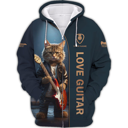 Guitar Electric Cat Custom T-Shirts Cat In A Leather Jacket Playing A Guitar 3D Shirt