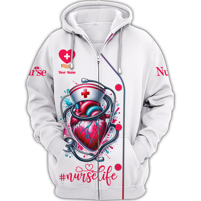 Nurse Life Custom T-Shirts Heart And Stethoscope 3D Shirt